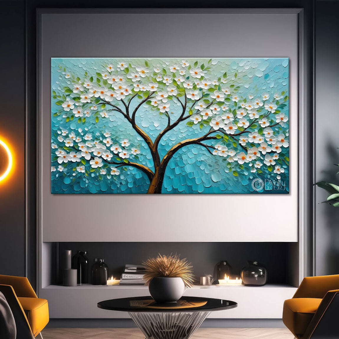White flower tree in textured background oil painting- Design - Tree-174