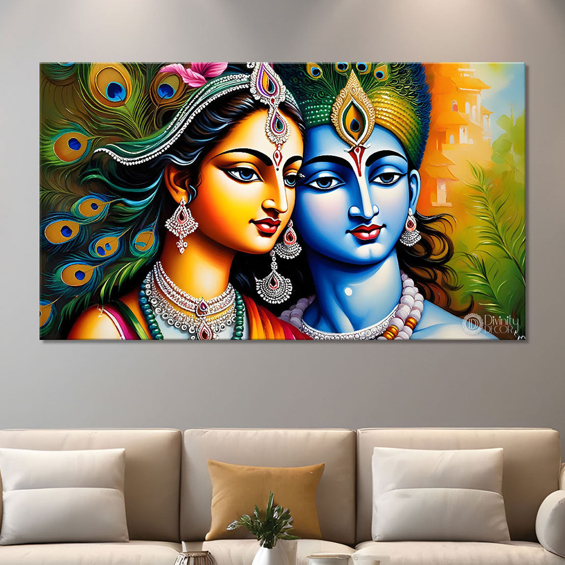 Blue face of Krishna and Radha with yellow and peacock feather background painting Canvas Painting - Design - Krishna-174