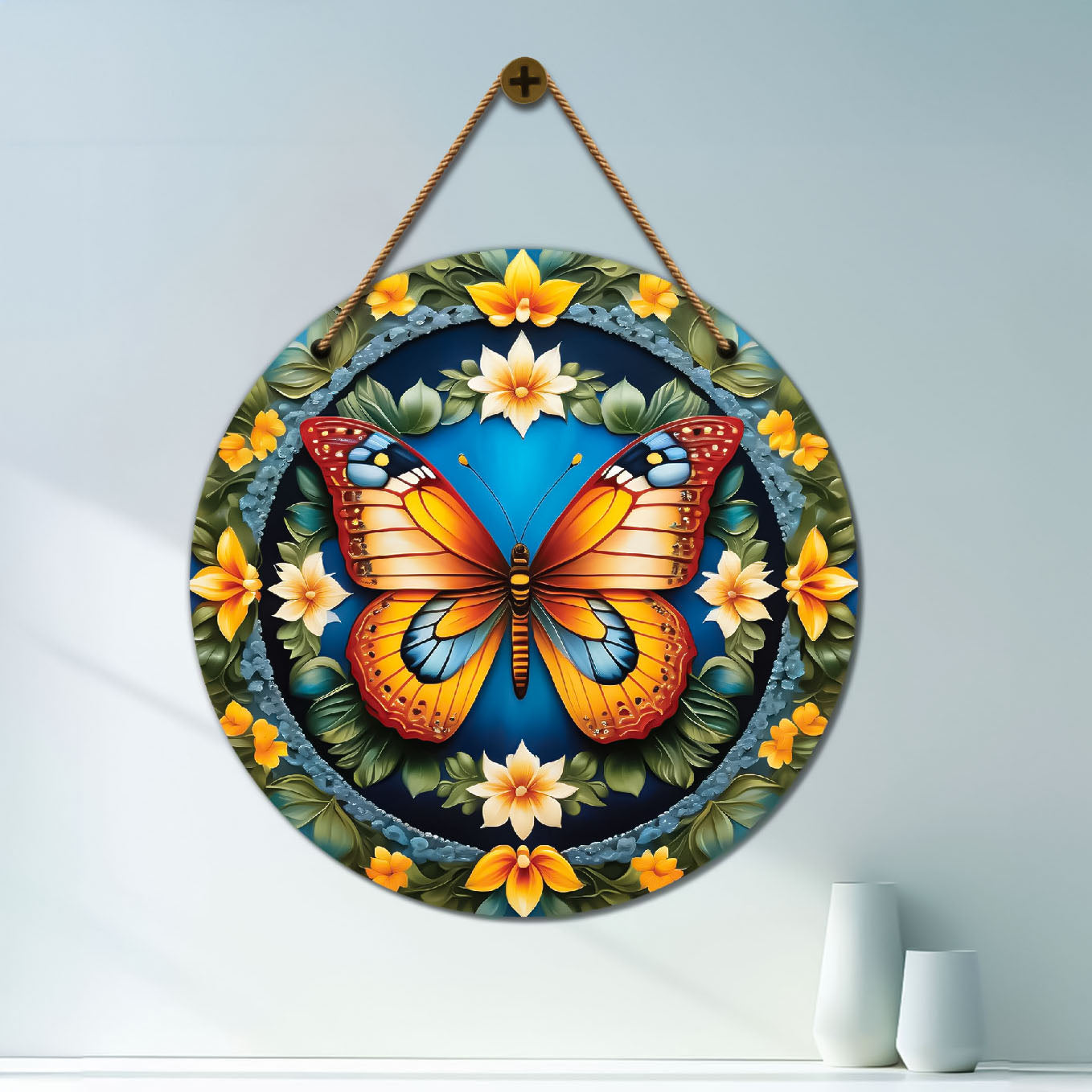 Butterfly in green and floral mandala Round Wooden Wall Hanging for wall Décor - Design - 174
