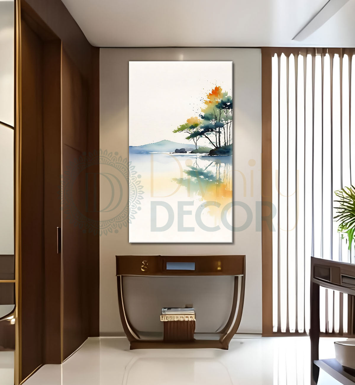 Mountains with lake and treesin textured water colour art Canvas Painting - Nature Art -V-174