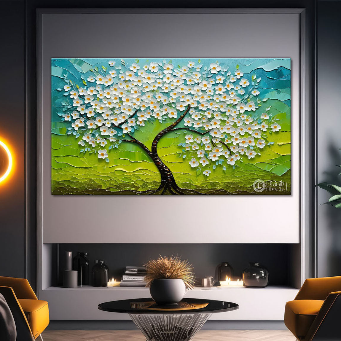 white flower tree in textured background oil painting- Design - Tree-175