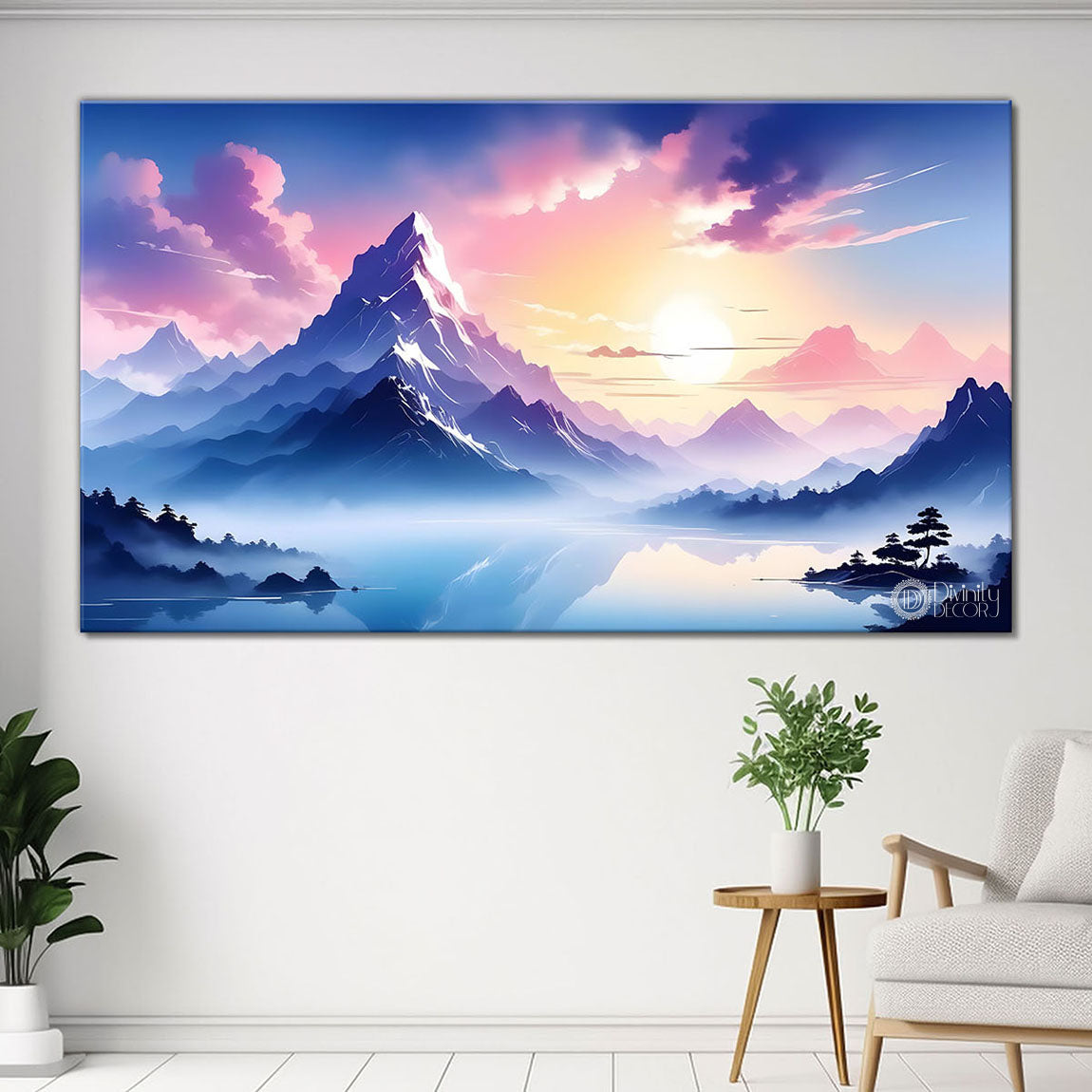 Mountains with river, trees and clouds textured water color art Canvas Painting - Nature Art -175