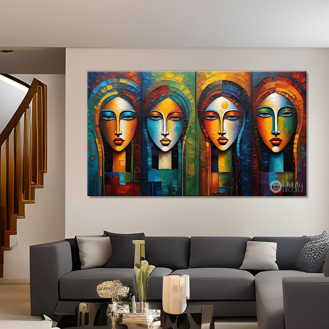 Four ladies face textured modern art Canvas Painting - Design - Modern-L-175