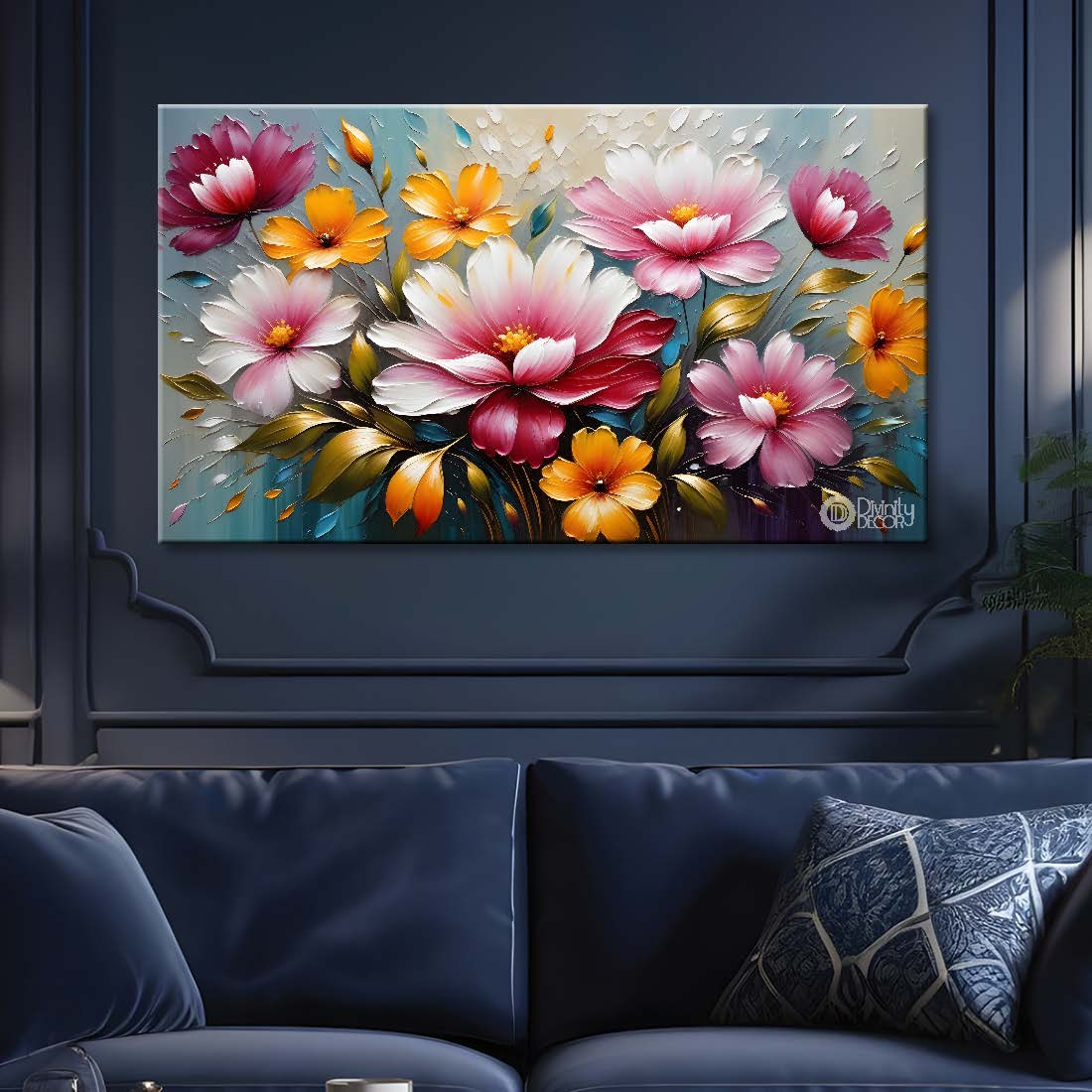 Colorful flowers in blue background- Design - Flower-175