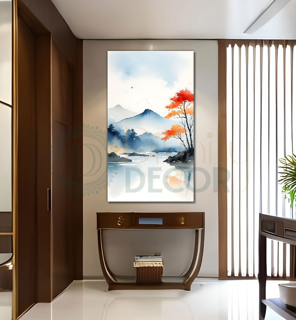 Mountains with orange trees in textured water colour art  Canvas Painting - Nature Art -V-175