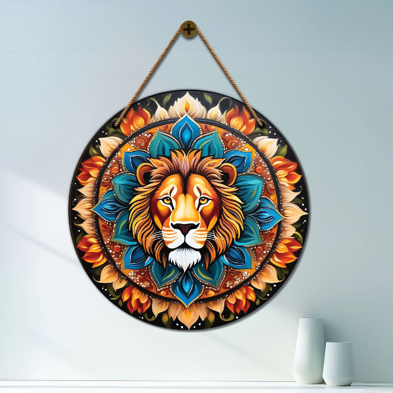 Lion in blue and orange mandala Round Wooden Wall Hanging for wall Décor - Design - 175
