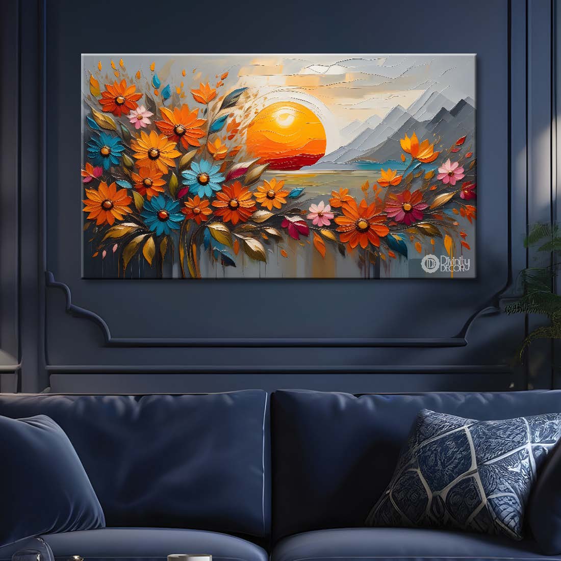 Colorful flowers with sunset background painting- Design - Flower-176