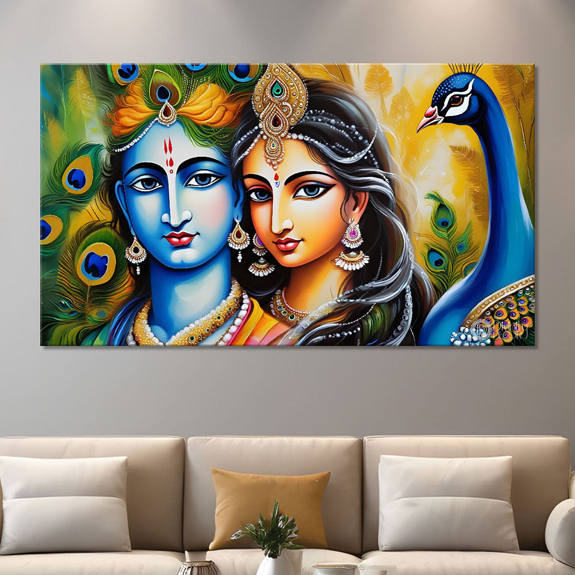 Blue face of Krishna and Radha with yellow and peacock feather background painting Canvas Painting - Design - Krishna-176