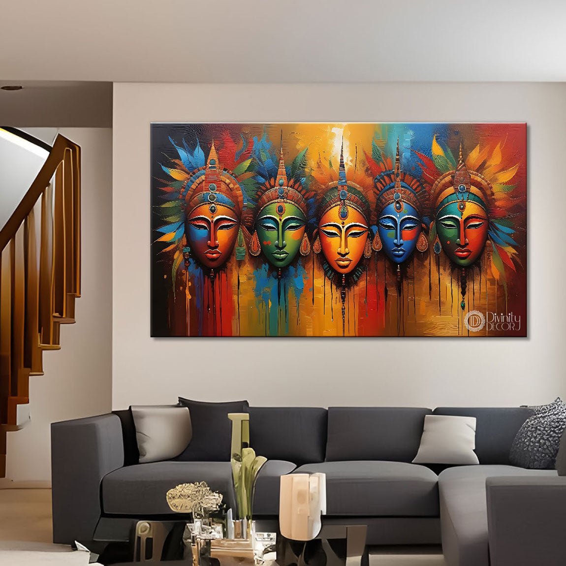 Multiple Trible men faces textured modern art Canvas Painting - Design - Modern-L-176