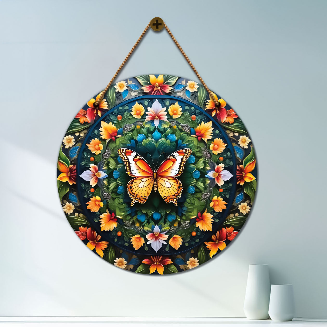 Butterfly in green and floral mandala Round Wooden Wall Hanging for wall Décor - Design - 176