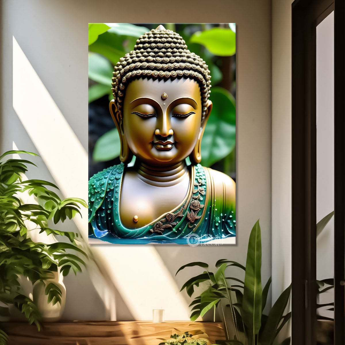 Golden buddha with green background texturd painting-V-176