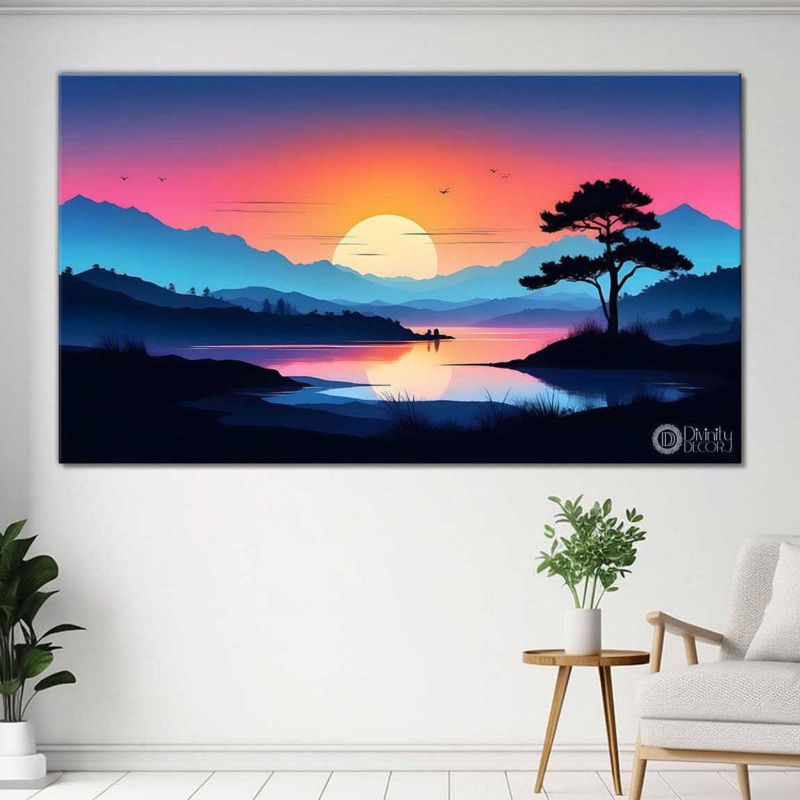 Mountains with trees and pink sky with sun in textured painting Canvas Painting - Nature Art -176