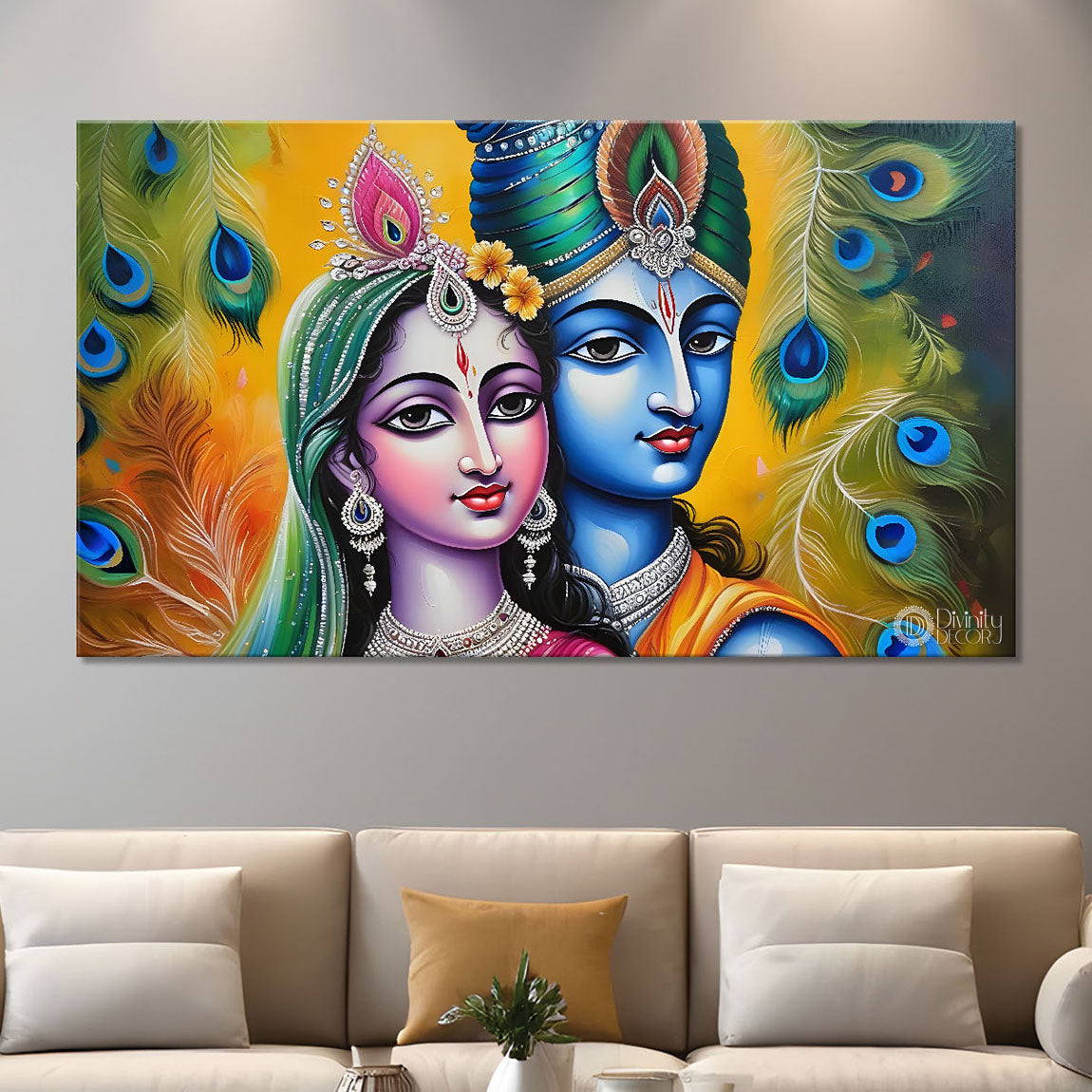 Blue face of Krishna and Radha with yellow and peacock feather background painting Canvas Painting - Design - Krishna-177