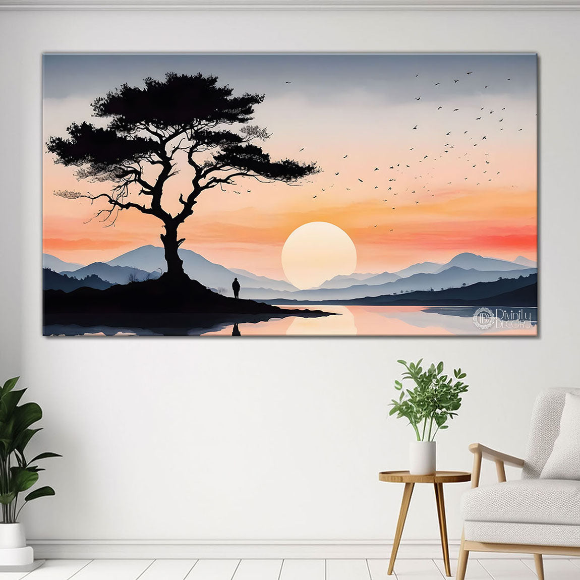 Mountains with trees and sunset in textured water color painting Canvas Painting - Nature Art -177