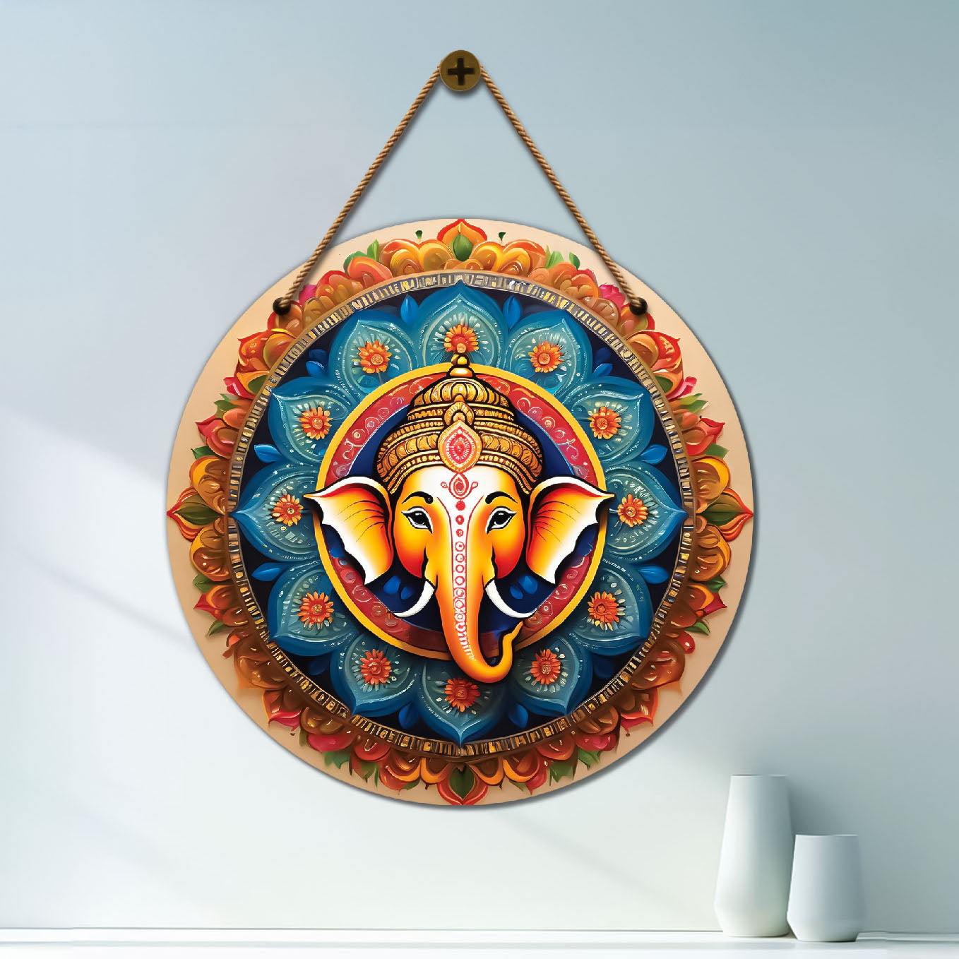 Ganesh Ji in blue and brown mandala Round Wooden Wall Hanging for wall Décor - Design - 177