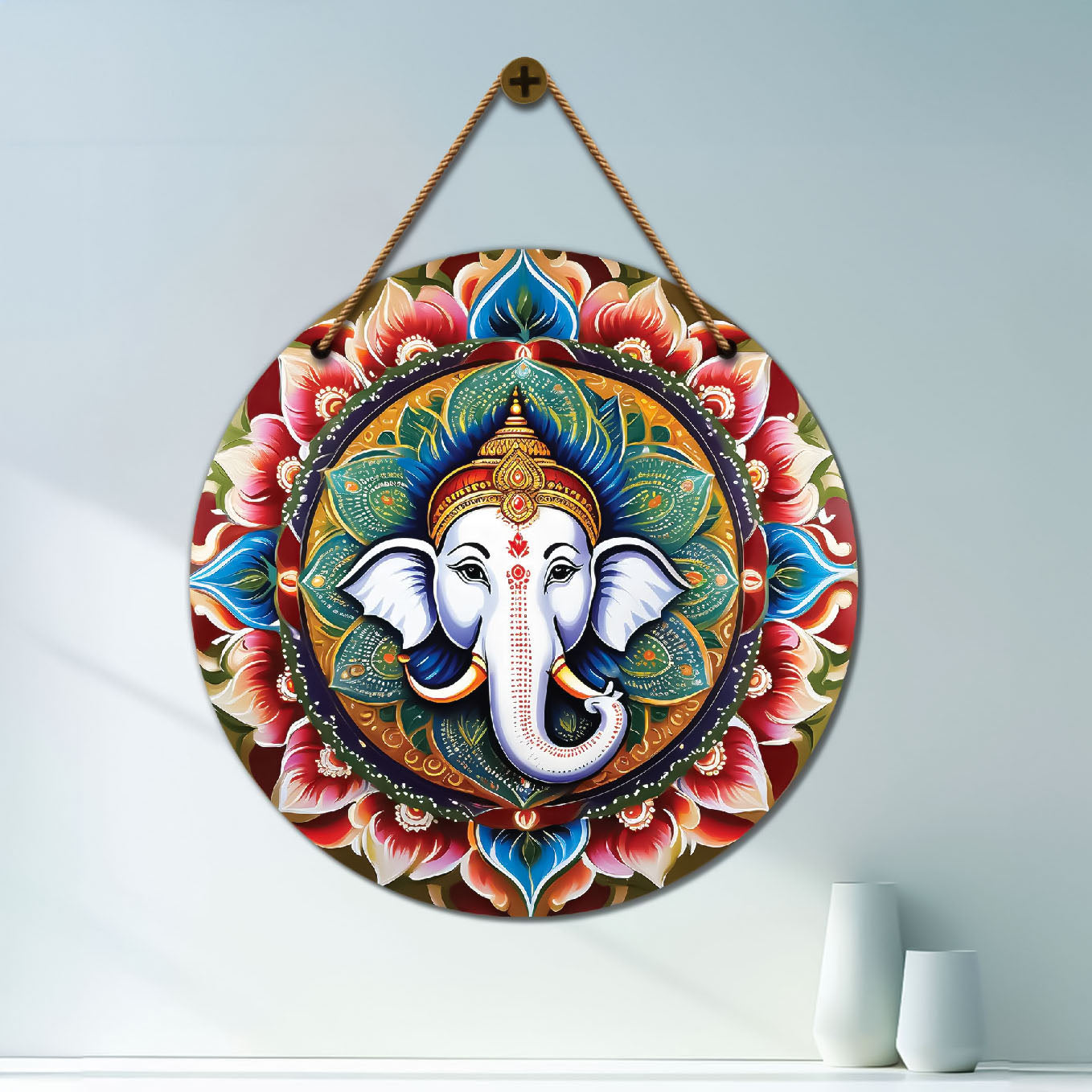 Ganesh Ji in blue and red mandala Round Wooden Wall Hanging for wall Décor - Design - 178