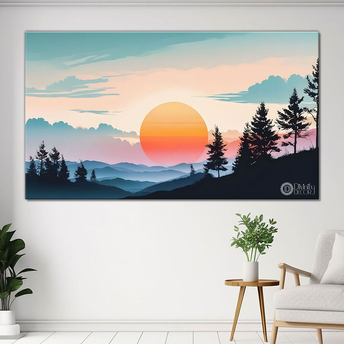 Mountains with trees and sunset in textured water color painting Canvas Painting - Nature Art -178