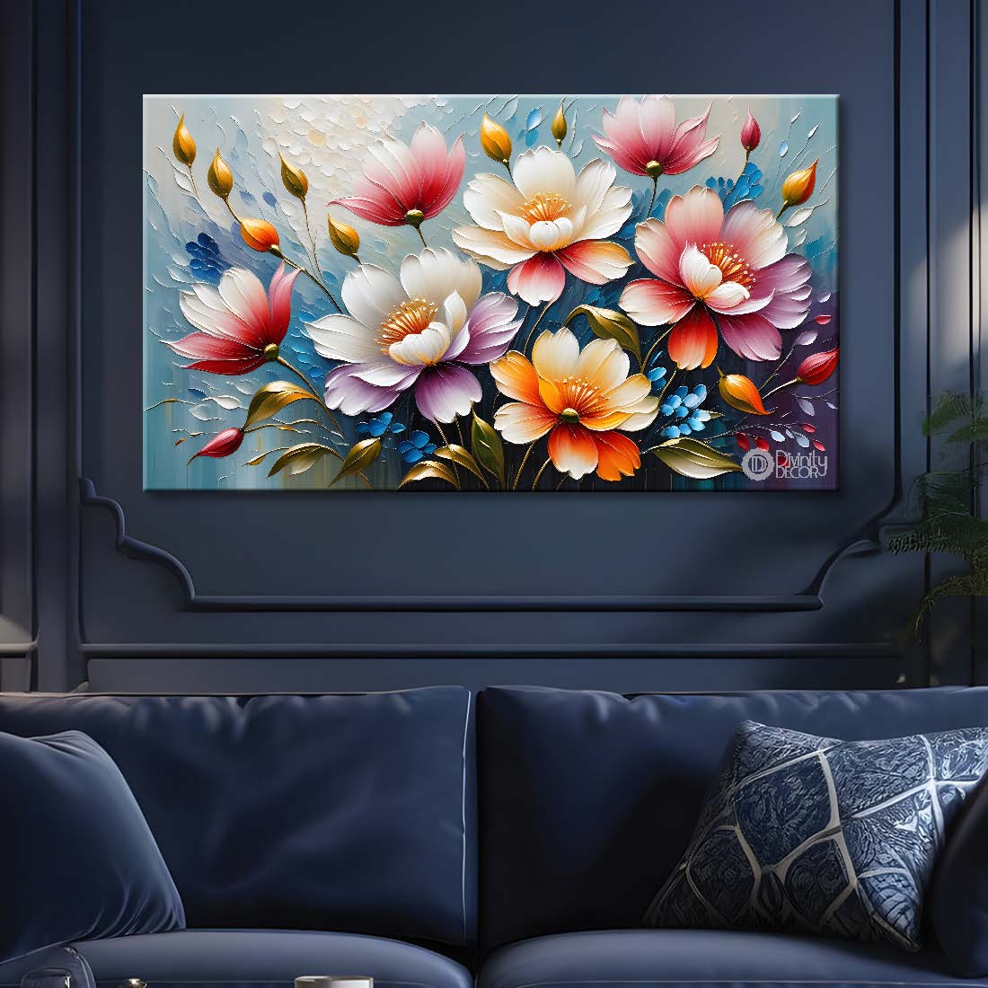 Colorful flowers with blue background- Design - Flower-178