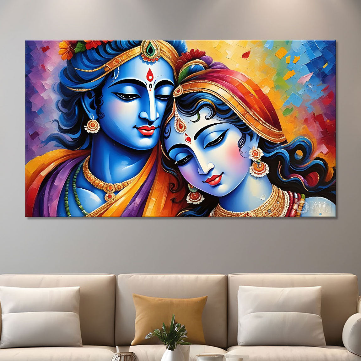 Blue face of Krishna and Radha with colorful background painting Canvas Painting - Design - Krishna-179