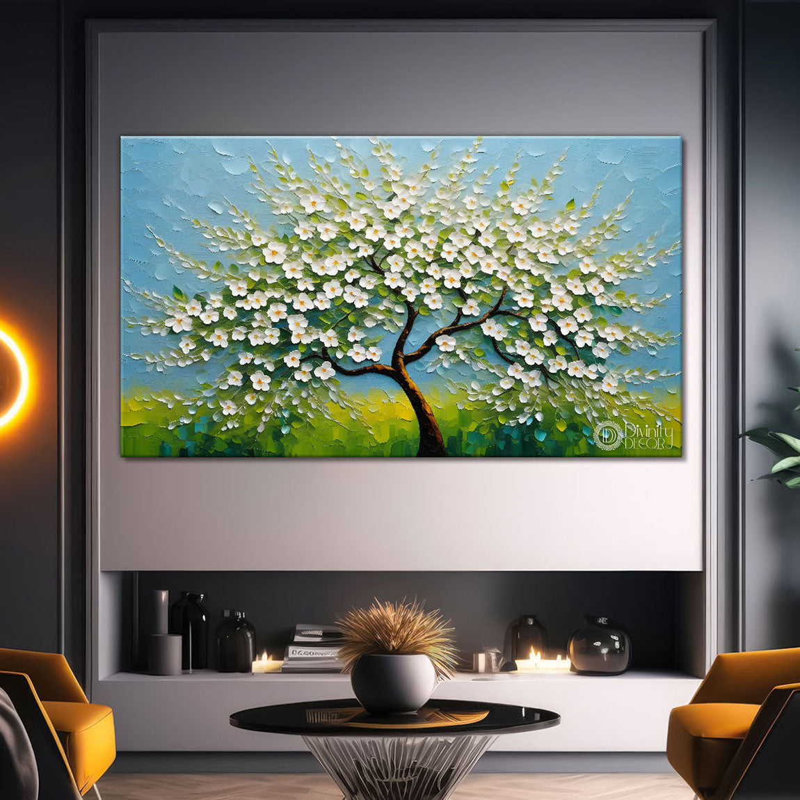White flower tree in textured background oil painting- Design - Tree-179