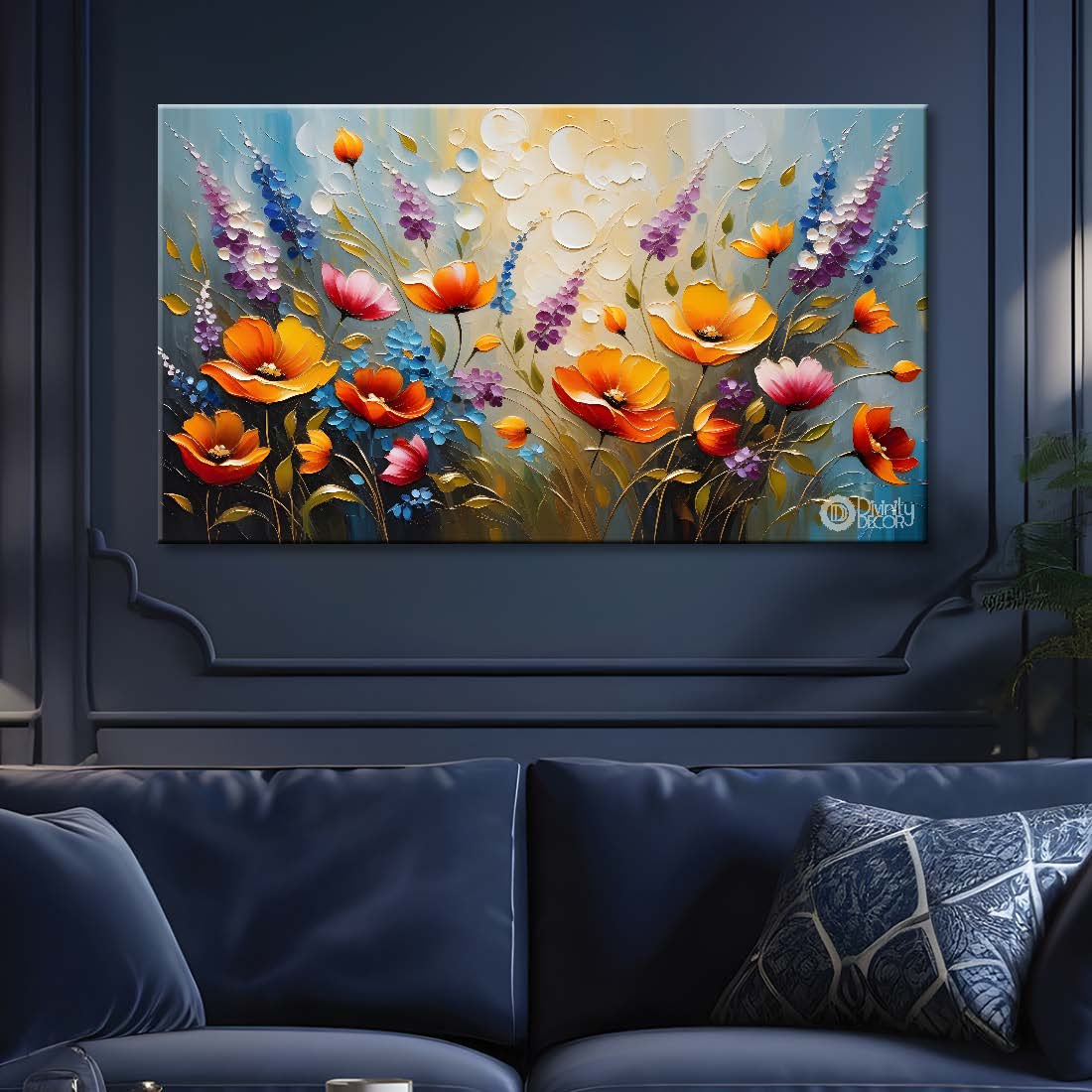 Orange flowers in blue background- Design - Flower-179