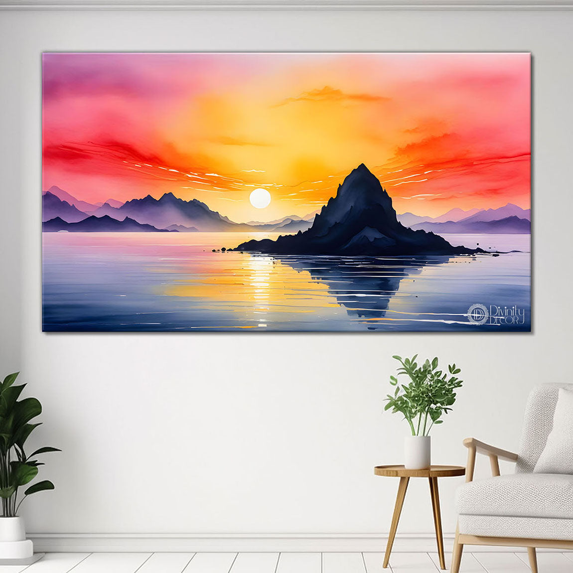Mountains with sea and sunset in textured water color painting Canvas Painting - Nature Art -179