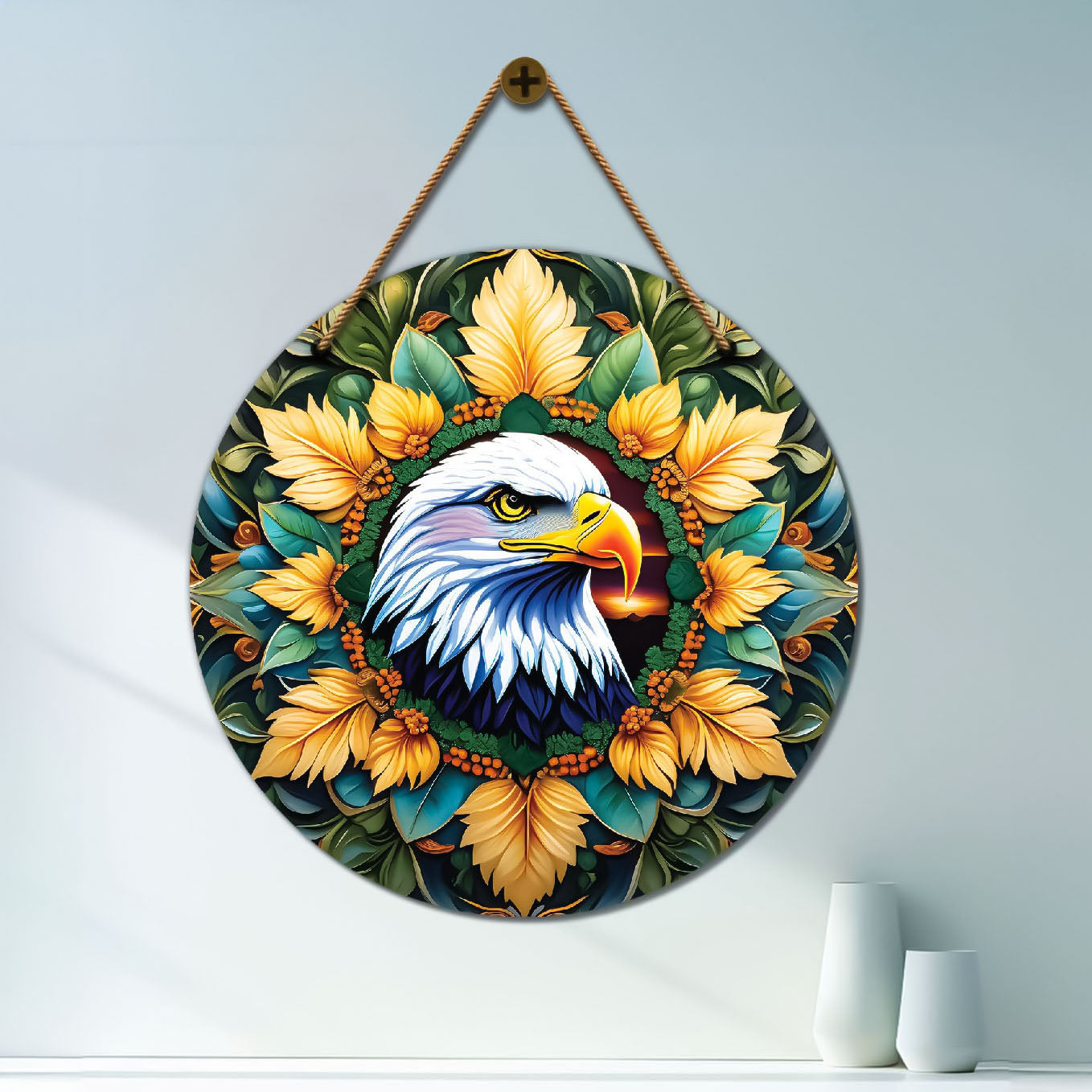 Eagle in green and yellow mandala Round Wooden Wall Hanging for wall Décor - Design - 179