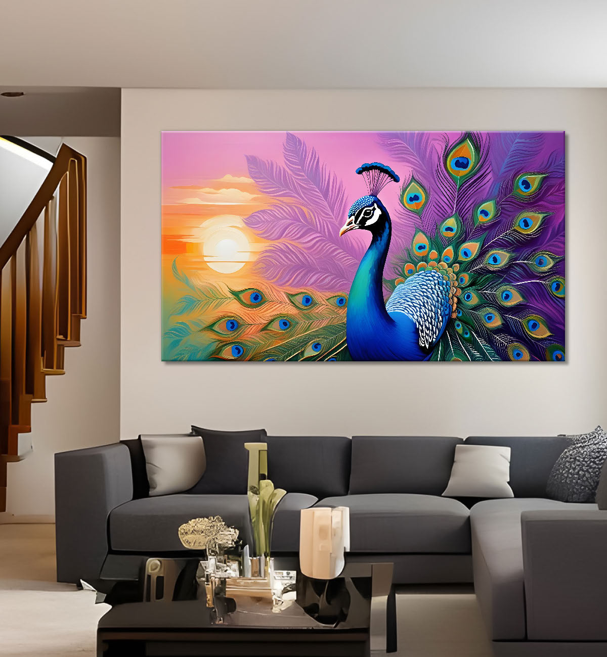 Peacock with sunset background modern art Canvas Painting - Design - Peacock-17
