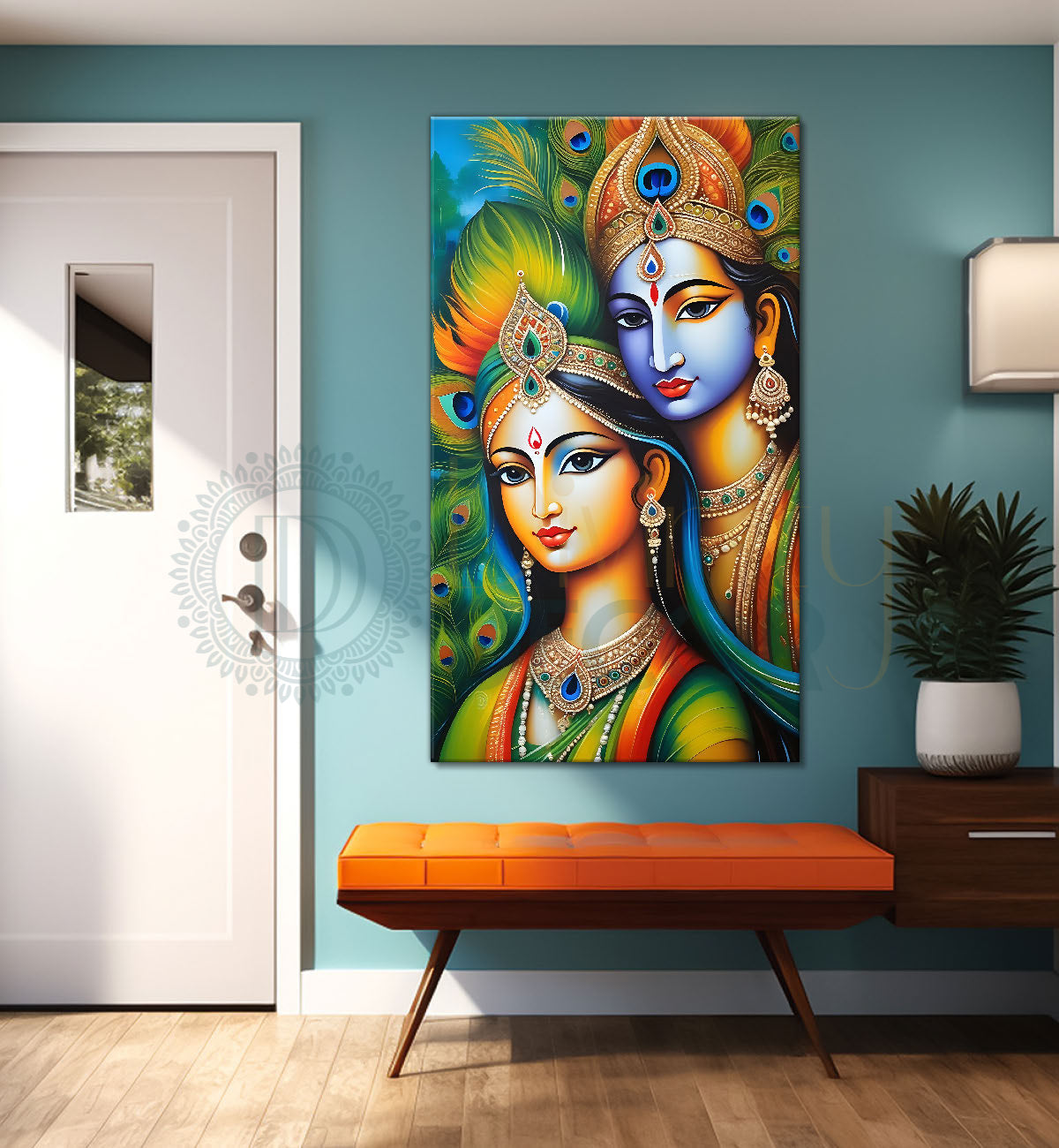 Blue face of krishna with radha in peacock feathers background textured art Canvas Painting - Design - Krishna-V-17