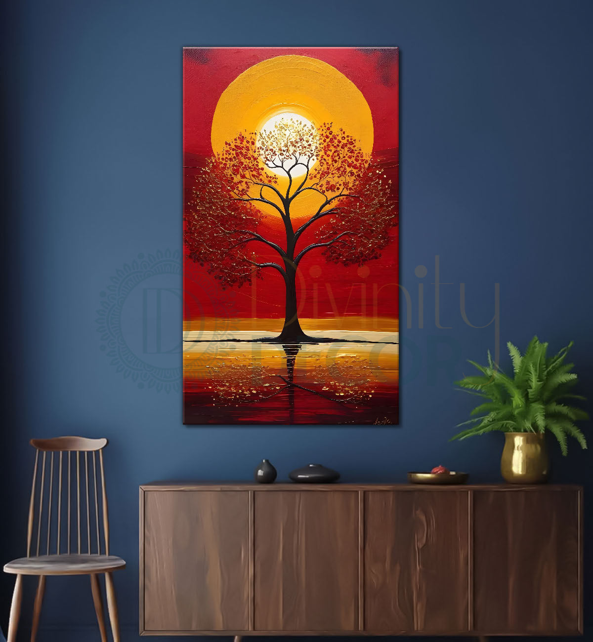 Red textured tree in front of sun with red textured oil painting Canvas painting - Tree-V-17