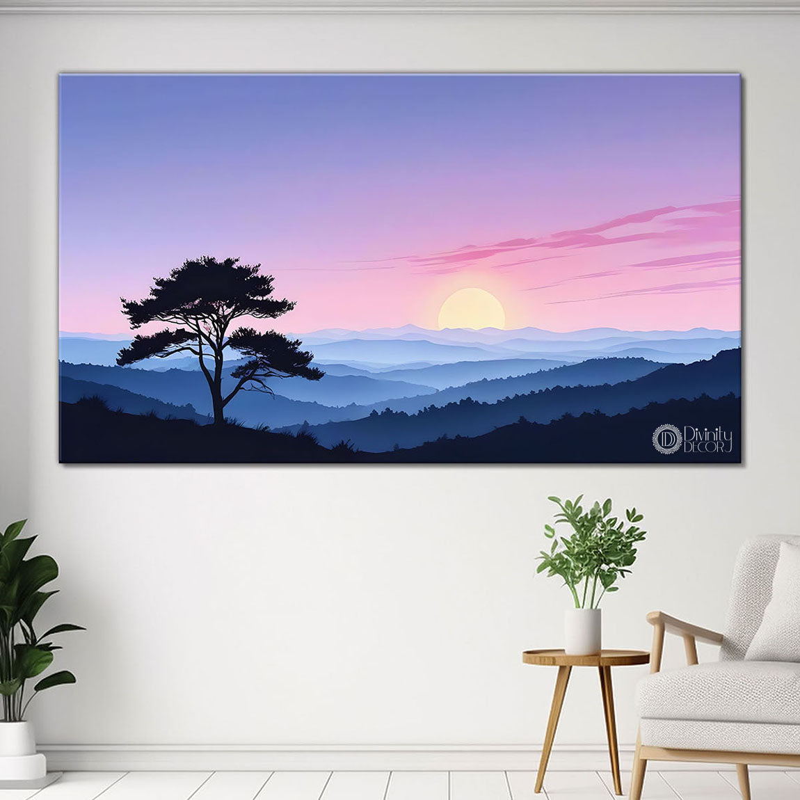Mountains with tree in textured water color art Canvas Painting - Nature Art -180
