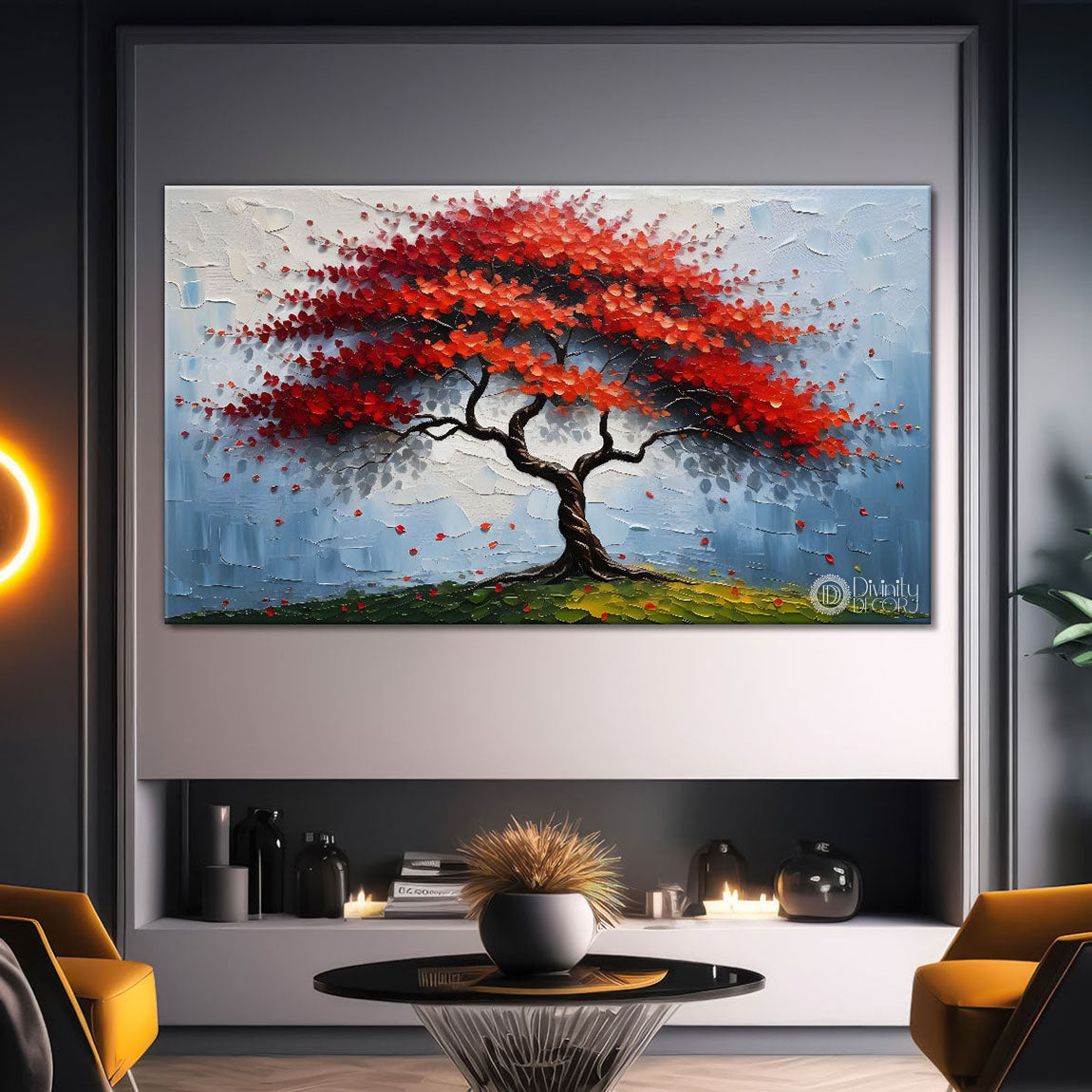 Red color tree in textured modern art- Design - Tree-180