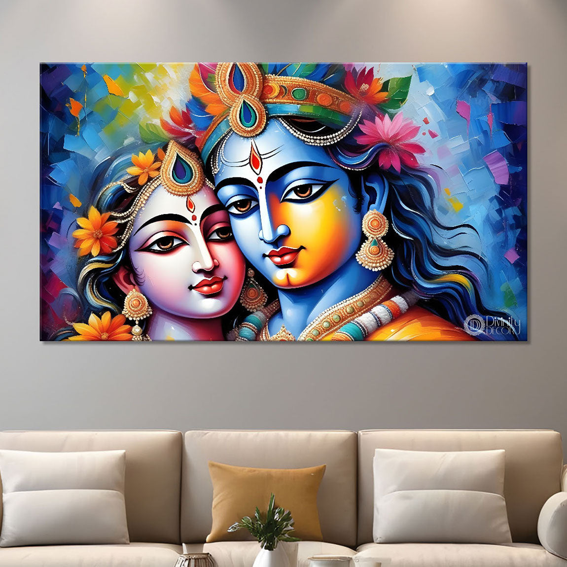 Blue face of Krishna and Radha with colorful background painting Canvas Painting - Design - Krishna-180
