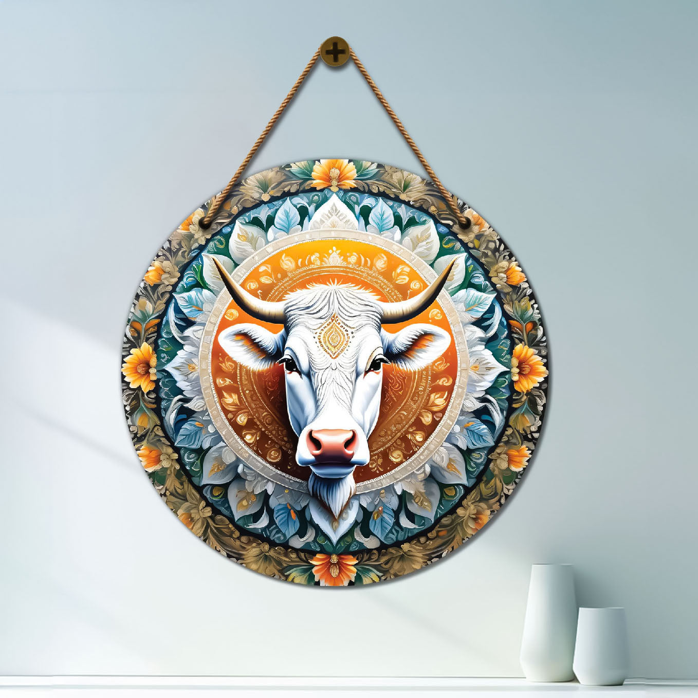 Cow in blue and yellow mandala Round Wooden Wall Hanging for wall Décor - Design - 180