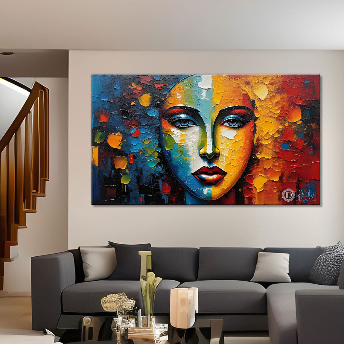 Colorful woman face textured modern art Canvas Painting - Design - Modern-L-180