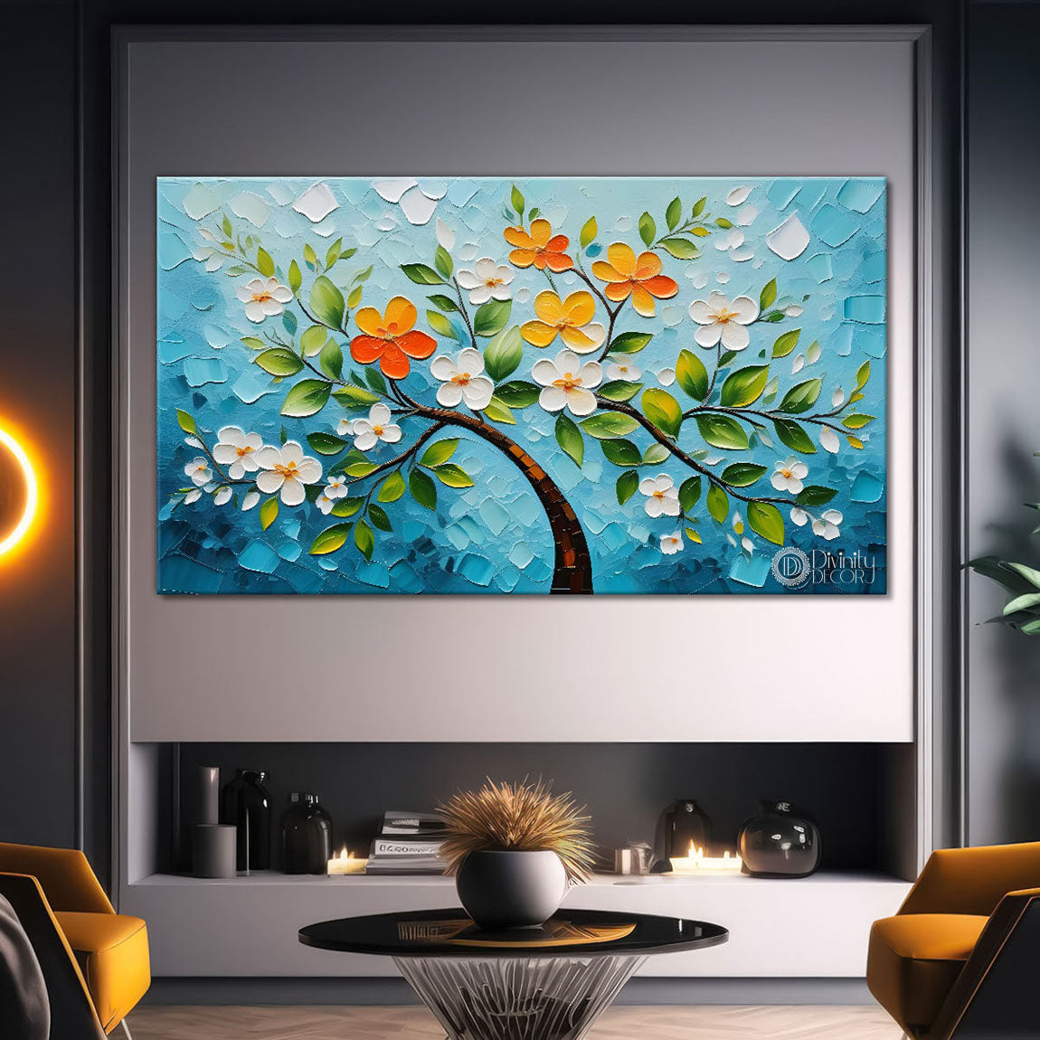 White flower tree in textured background oil painting- Design - Tree-181