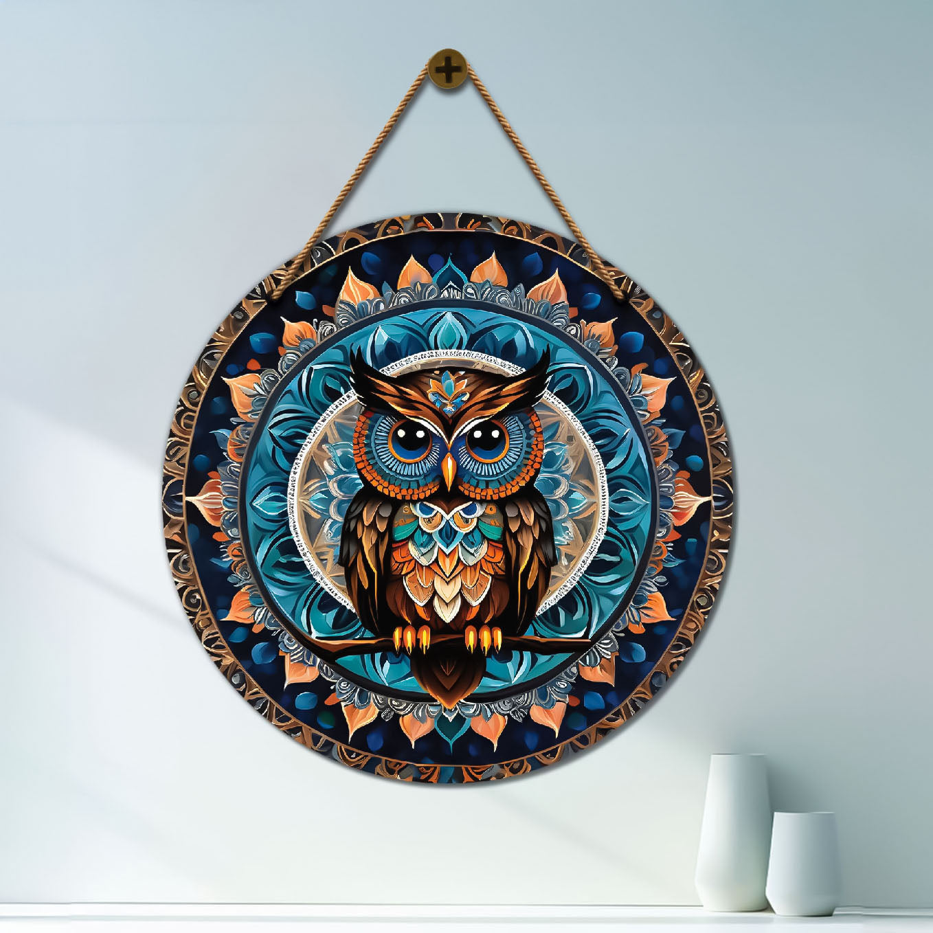 Owl in blue and golden mandala Round Wooden Wall Hanging for wall Décor - Design - 181