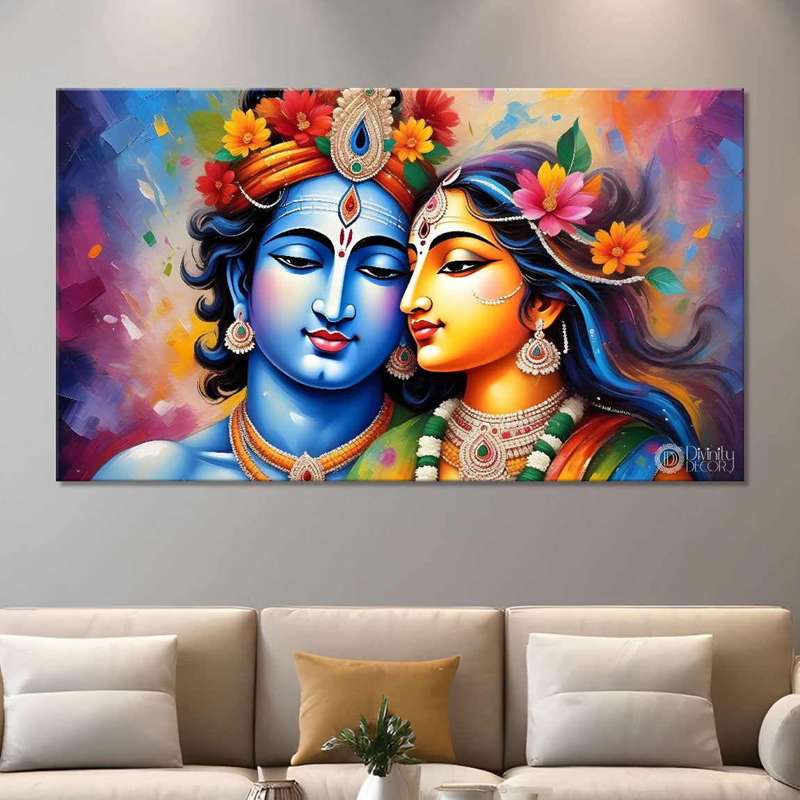 Blue face of Krishna and Radha with colorful background painting Canvas Painting - Design - Krishna-181