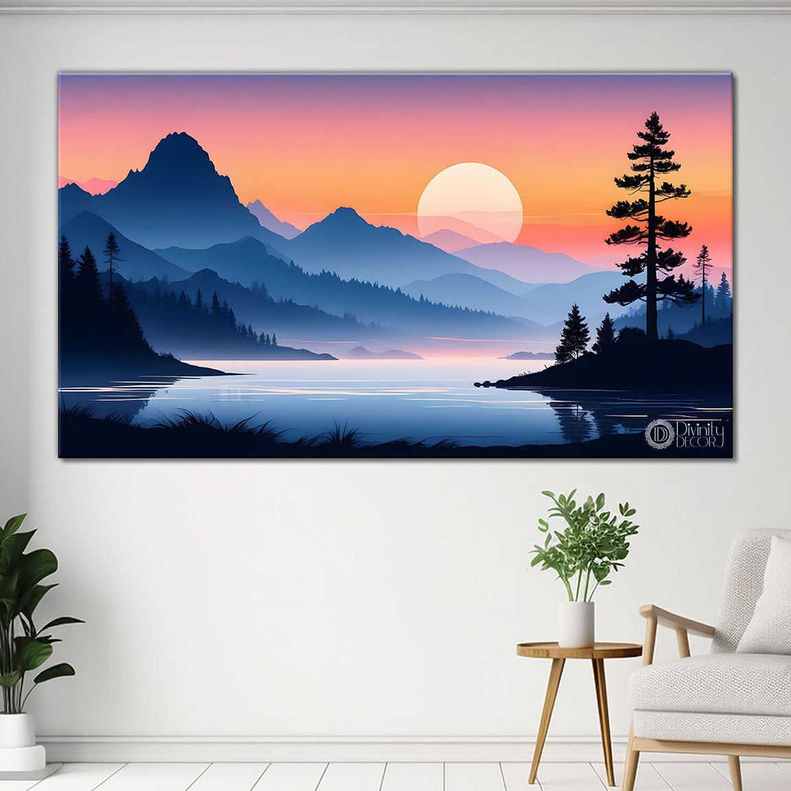 Mountains with trees and sunset in textured water color painting Canvas Painting - Nature Art -181