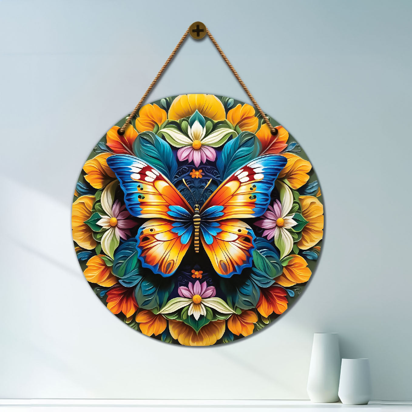 Butterfly in green and yellow mandala Round Wooden Wall Hanging for wall Décor - Design - 182