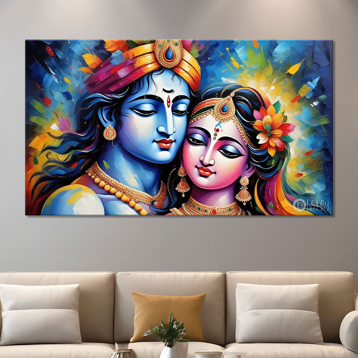 Blue face of Krishna and Radha with colorful background painting Canvas Painting - Design - Krishna-182