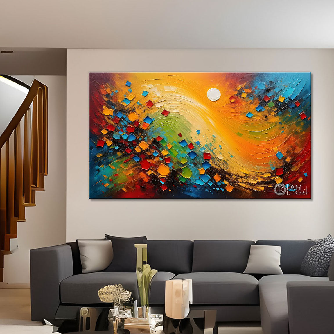 Sun with colorful background textured modern art Canvas Painting - Design - Modern-L-182