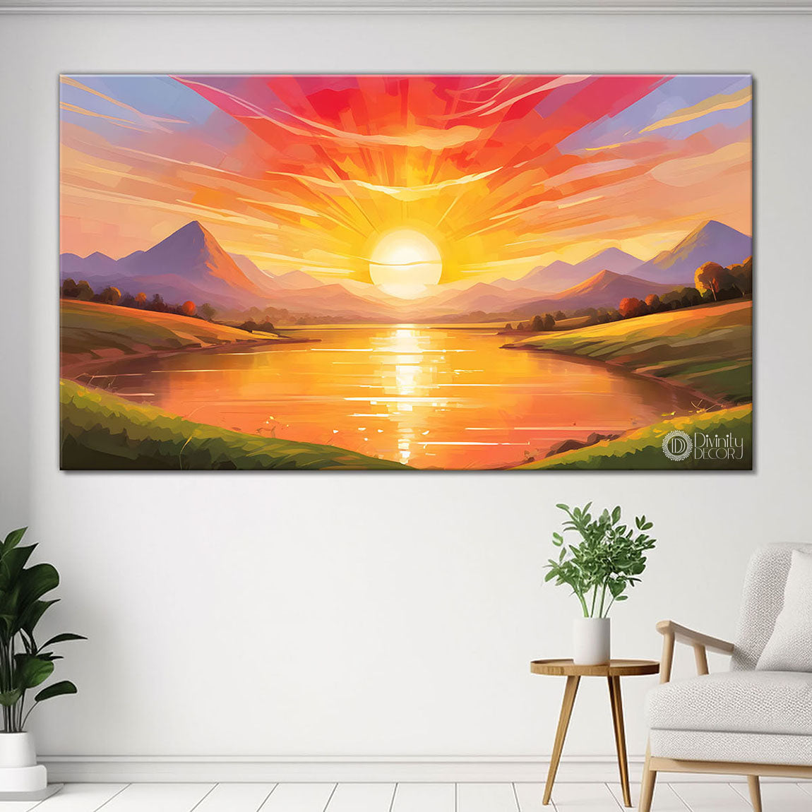 Mountains with river and sunset textured water color art Canvas Painting - Nature Art -182