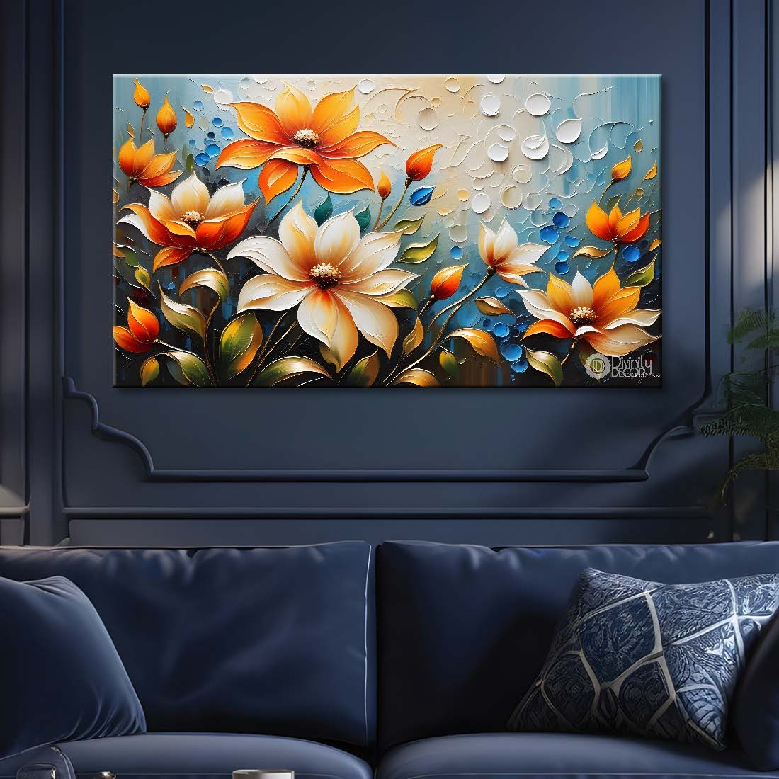 Orange and white flowers with blue background- Design - Flower-182