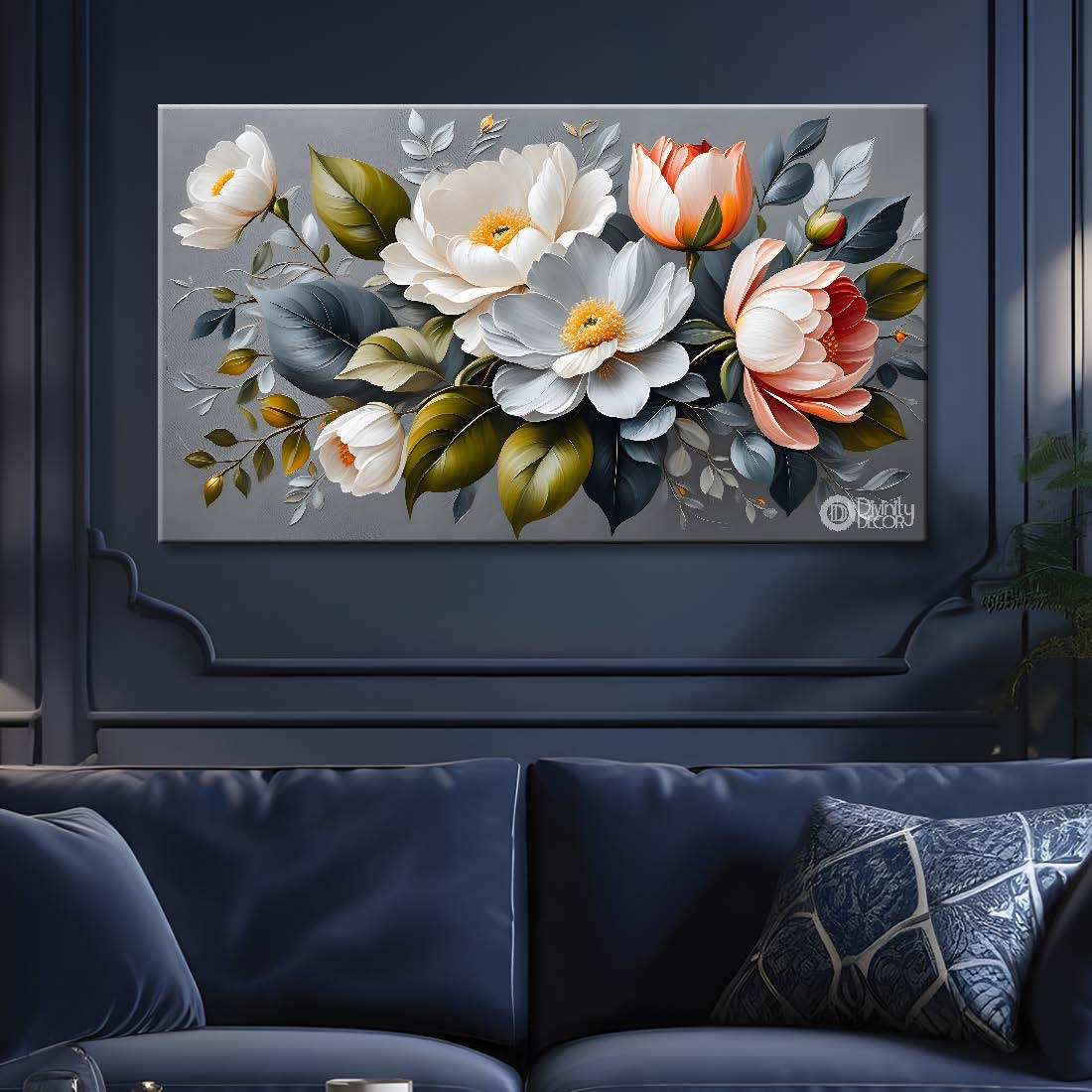 White flowers with grey textured painting- Design - Flower-183