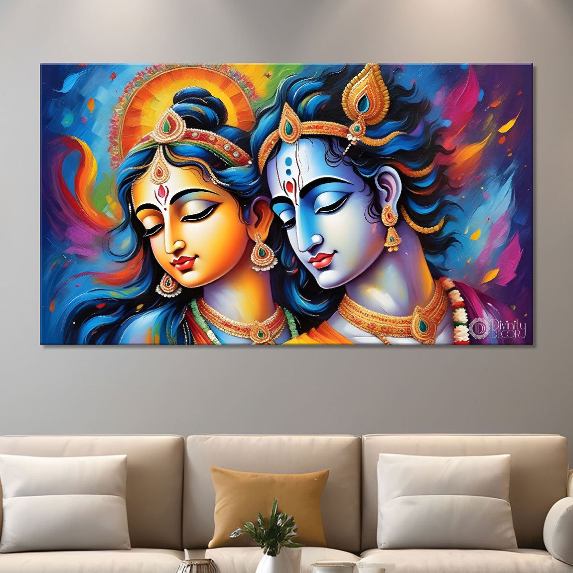 Blue face of Krishna and Radha with colorful background painting Canvas Painting - Design - Krishna-183