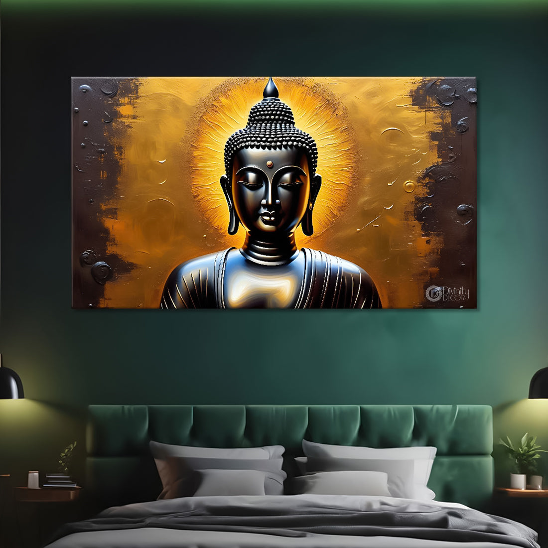 Grey buddha with golden background painting Canvas Wall Painting - Buddha-183