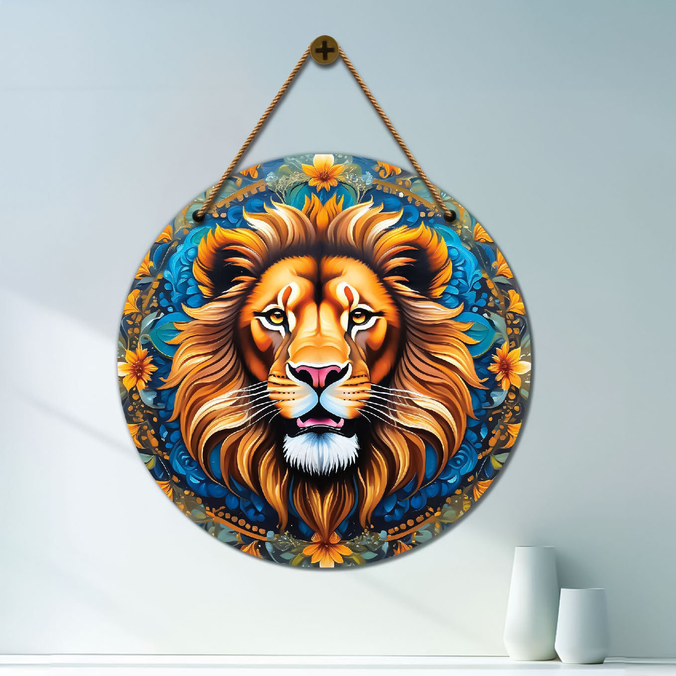 Lion in blue and orange mandala Round Wooden Wall Hanging for wall Décor - Design - 183