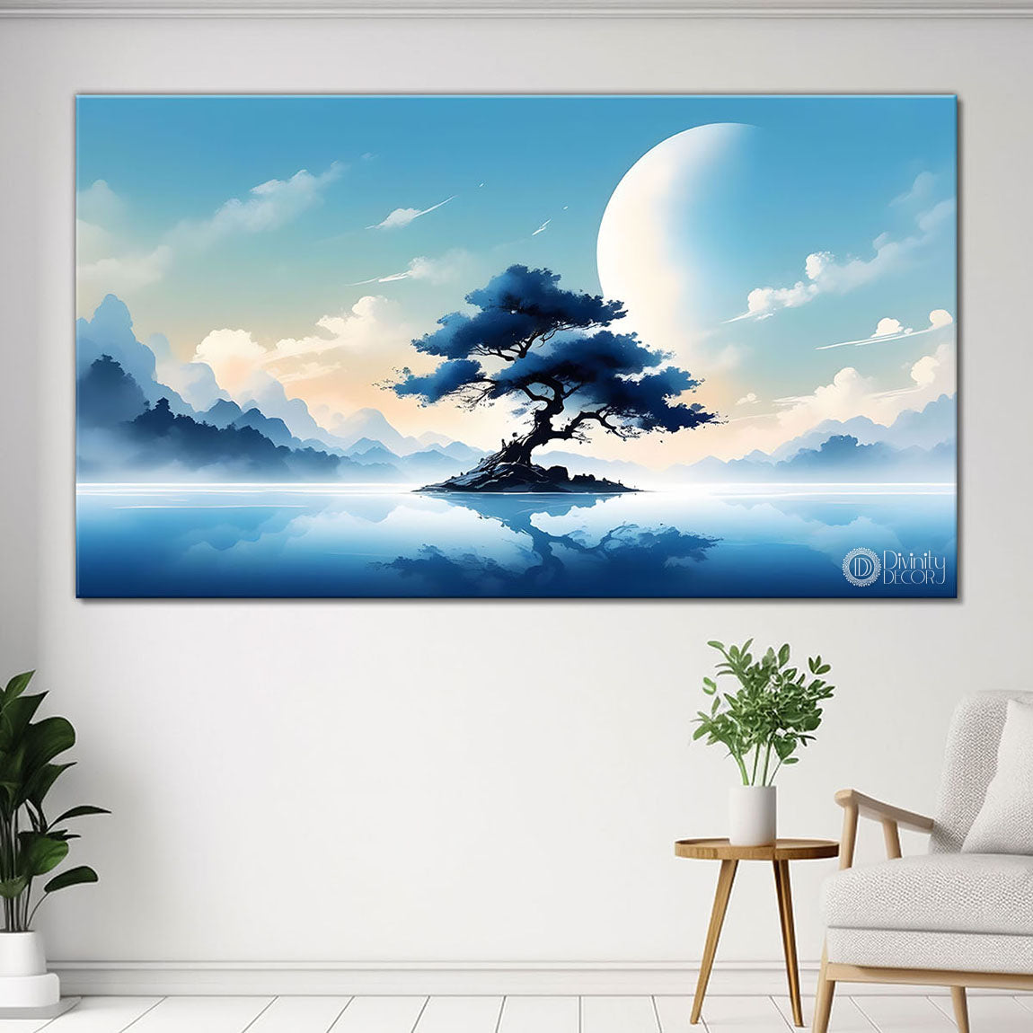 Tree with half moon in textured water color art Canvas Painting - Nature Art -183