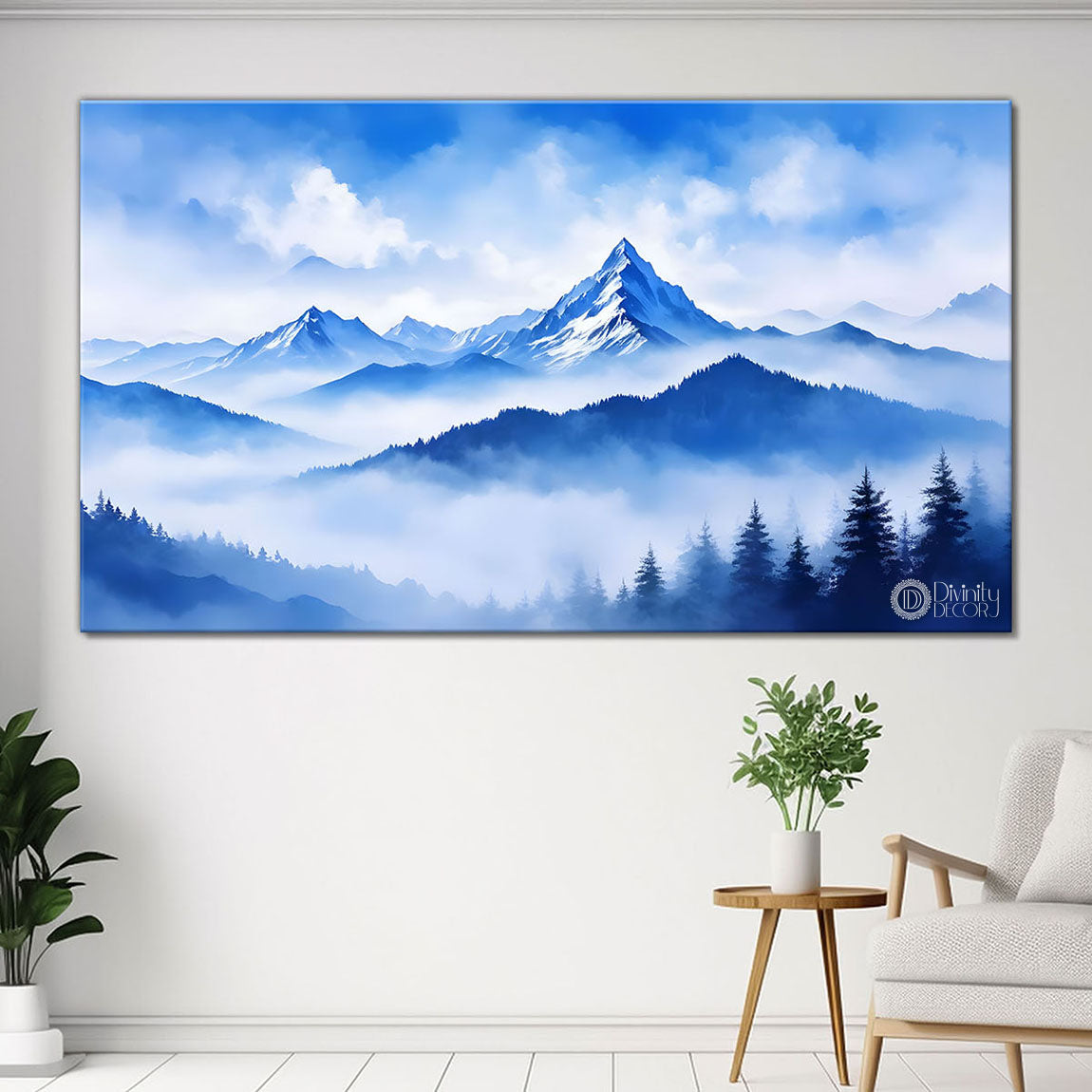 Mountains and clouds with trees in textured water color art Canvas Painting - Nature Art -184